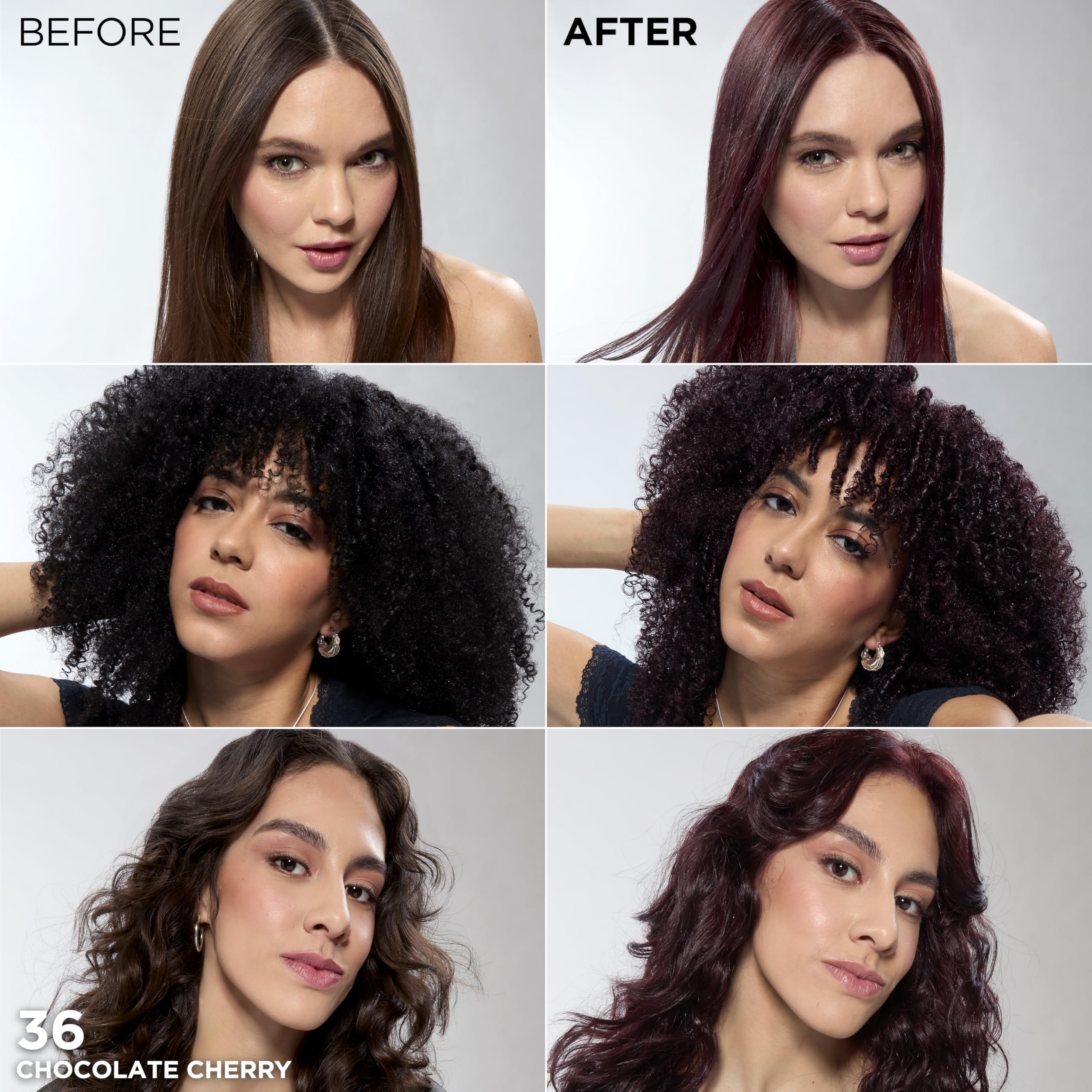 L'Oreal Paris Feria Multi-Faceted Shimmering Permanent Hair Color, 36 (Chocolate Cherry) Deep Burgundy Brown, Pack of 1 Hair Dye Kit